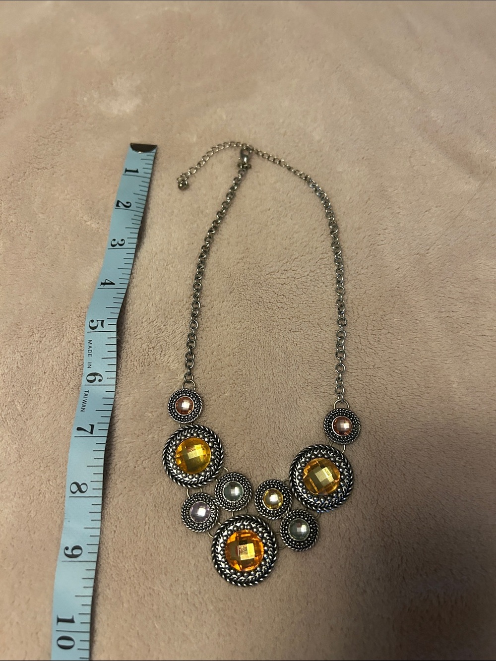 Silver-Tone Statement Necklace with Amber and Pearl Stones